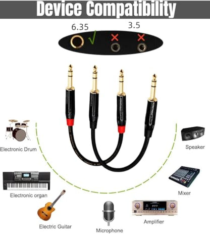 1/4 TRS Patch Cable, 6.35mm TRS Male to Male Balanced Stereo Audio Cable, 2 Pack of 1 Foot Balanced Cord