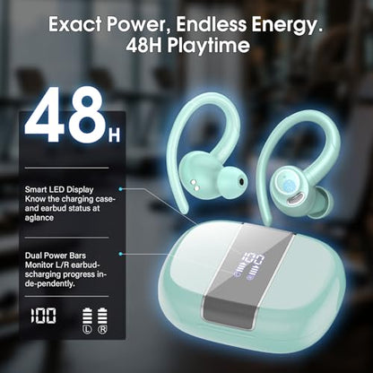 Wireless Earbuds with Earhook, 48H Deep Bass/ENC Mic Ear Buds Misty Blue | Wireless Earphone with LED Display, Bluetooth 5.3 Headphones In Ear, IPX7 Waterproof Over Ear Buds for Running/Workout - color: Misty Blue