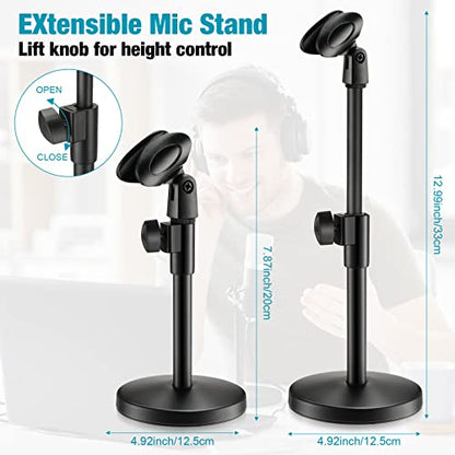 Hoteam 4 Pieces 3 in 1 Desktop Microphone Stand Adjustable Table Mic Stand Multi Function Mic Stand with Microphone Clip, Cell Phone Clip, 5/8" Male to 3/8" Female Metal Adapter