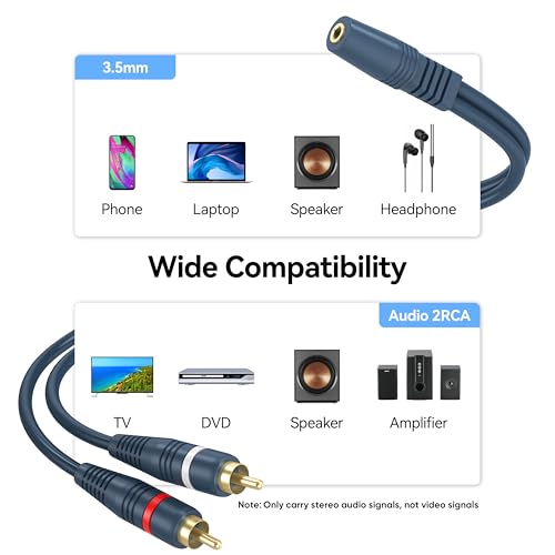 RCA to AUX Adapter 2 Pack, Female AUX 3.5 mm to Male RCA Audio Adapters, Stereo Audio 3.5mm Y Cable Converter for Smartphone Speaker MP3 Tablets TV home theater amplifiers Soundbar Car stereos-20cm