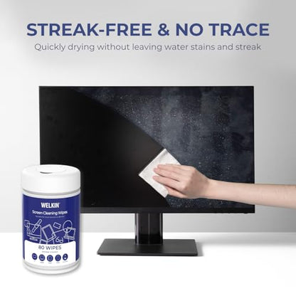 WELKIN Electronic Cleaning Wipes, 80 Count Streak-Free Screen Wipes | Fast & Easy Cleaning, Gentle Formula, Lint-Free Fabric, Includes Microfiber Cloth, Anti-Static, For Computers, Phones & TVs - size: 1 PACK