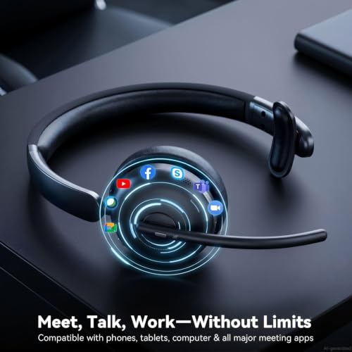 Wireless Headset with Mic for Work, Bluetooth Headset with Microphone AI Noise Cancelling, 65H Battery Headset with Microphone for PC with Fast Charge & Mute Button for Laptop/Call Center/Computer