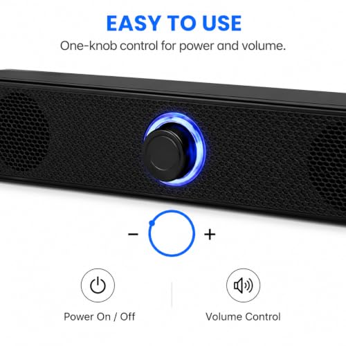 Computer Speakers USB Powered Wired Stereo with Illuminated Volume Knob and 3.5mm Aux Plug for PC Desktop Laptop Office with Clear Audio Easy Setup and Portable Design - color: Black