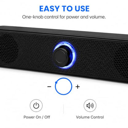 Computer Speakers USB Powered Wired Stereo with Illuminated Volume Knob and 3.5mm Aux Plug for PC Desktop Laptop Office with Clear Audio Easy Setup and Portable Design - color: Black