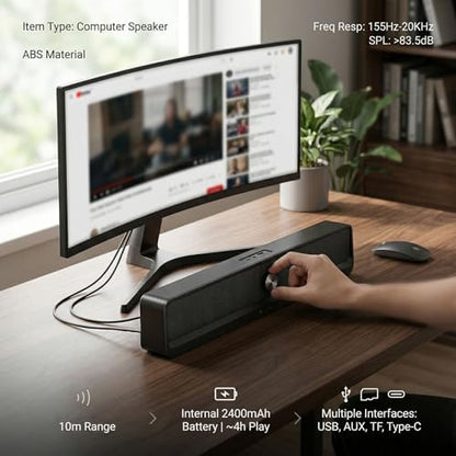 RGB Desktop Soundbar, 2.0 Channel Computer Speaker with Dynamic Lighting and Audio Light Sync, Volume Knob