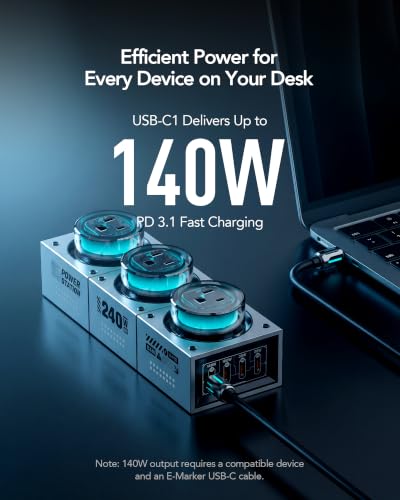 E-Tank 7-in-1 Desktop Charging Station, 240W Max GaN USB-C Charger | 3 AC Outlets, 4 USB-C Ports, 240W Shared USB-C Output, 140W PD 3.1 Fast Charging, Smart Power Sharing, RGB Lighting - color: 240W Charger Station - Gray