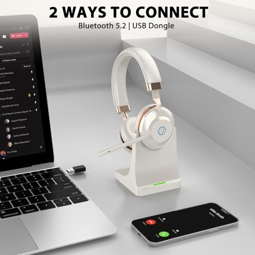 Wireless Headset with Mic for Work, Bluetooth Headset with Microphone Mute & USB Dongle, 45HrsWireless Headphones with Mic Noise Canceling& Charging Dock for WFH/Call Center/PC/Teams/Trucker/Office