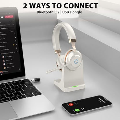 Wireless Headset with Mic for Work, Bluetooth Headset with Microphone Mute & USB Dongle, 45HrsWireless Headphones with Mic Noise Canceling& Charging Dock for WFH/Call Center/PC/Teams/Trucker/Office