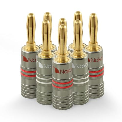 Nakamichi Ultimate Series 24K Gold Plated Beryllium Red Copper Banana Plug 12-18 AWG Gauge Size 4mm Connector for Speakers Wire Amplifiers Hi-Fi Sound Systems (8 Pcs (4-Pairs), Banana Plugs) - size: 8 Pcs (4-Pairs)
