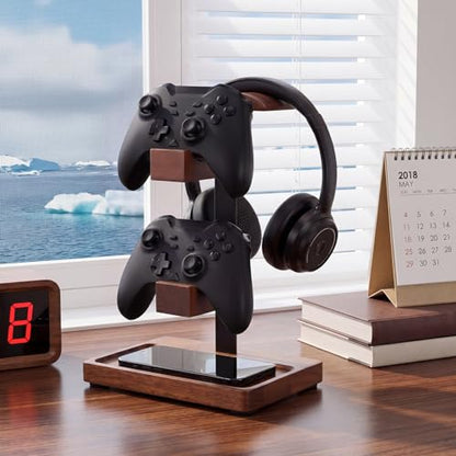 Headphone Stand with Controller Holder, Light Walnut - color: Light Walnut