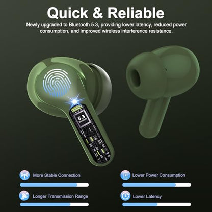 BESNOOW I53 ENC Wireless Earbuds Bluetooth 5.4 HiFi Stereo in Ear Ear Buds | With ENC Noise Cancelling Mic, IP7 Waterproof in Ear Earphones,48H, LED Display Ear buds for Pad Phones Workout Sports, Green - color: Green