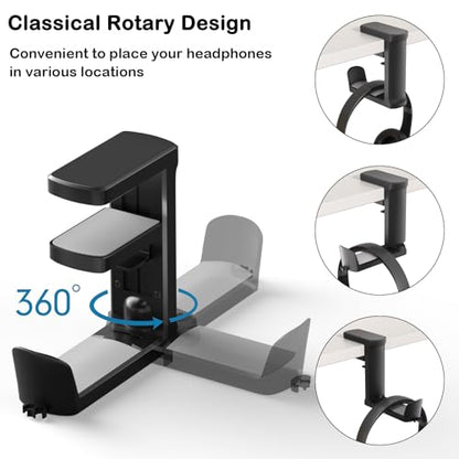 Headphone Holder Adjustable Clamp-on Headphone Hook | Under Desk Gaming Headset Holder Mount Hook with Rotating Clamp (Black) - color: Black