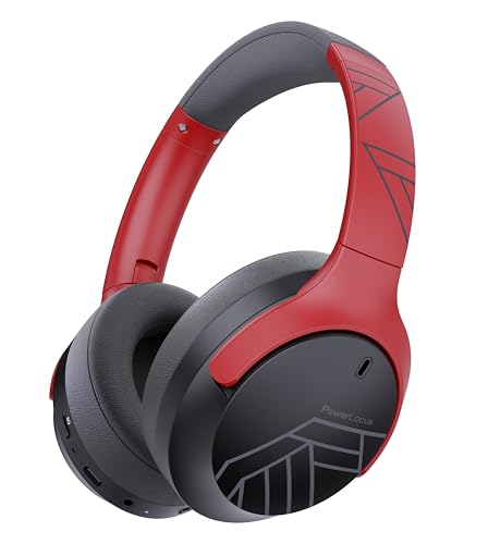 PowerLocus Bluetooth Headphones Over Ear, 60H Playtime, 4 EQ Modes Wireless Headphones with Microphone, Hi-Fi Stereo Deep Bass Foldable Headphone, Soft Foam Ear Cups,Fast Charging for Travel/PC/Phones - color: Grey/Red
