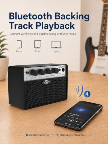 EROK BA-10E Mini Electric Guitar Amp, 10W Portable Practice Amplifier | Bluetooth 5.1, Clean/Drive modes, headphone/AUX input, 3000mAh battery for home and portable practice
