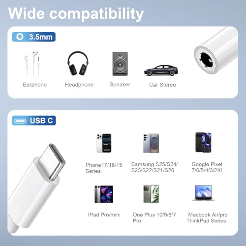 5-Pack USB-C to 3.5mm Headphone Jack Adapter, 24bit HiFi DAC, USB C to Aux Audio Dongle Cable for iPhone 17/16/15 Pro, 17/16/15 Pro Max, iPad Pro, MacBook, Samsung S21-25, Pixel 7-5