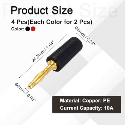 MECCANIXITY 4 Pcs 2mm Banana Plugs, 10A 6mm OD 26.5mm Length Speaker Wire Cable Plugs Connectors, Banana Jack Connector for Speaker Wire Audio Cable, Black&Red - color: Black; Red