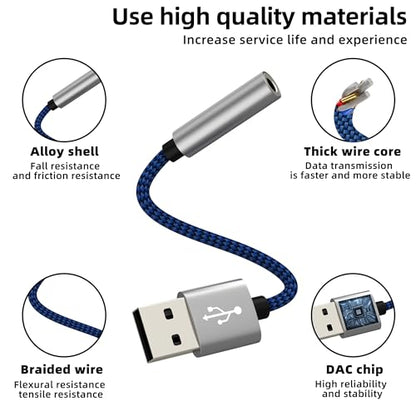 USB to 3.5mm Jack Audio Adapter Aux Headphone Interface Male Plug PC Sound External Phone Car Microphone Computer Splitter Headset Input Adaptor Port for iPhone Cable Compatible for Samsung