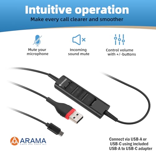 Arama Dual USB Headset with Microphone for PC, Computer, Laptop, USB-A/C | Noise-canceling Mic, Plug-and-play, Soft Ear Cushions, Lightweight, Stereo Sound, Wide Compatibility with PC/Laptop/Computer