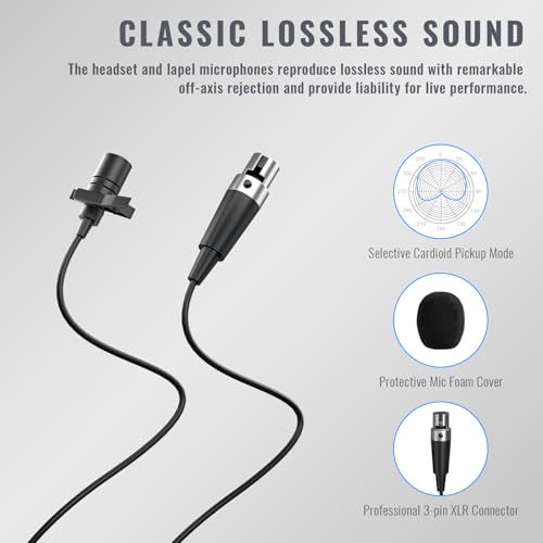 Phenyx Pro UHF Wireless Microphone System w/ 2x30 Tunable Frequencies, Metal Cordless Mic Set, 200 ft Range,2 Bodypacks & Headsets/Lapel Mics for Speaking, Singing, Church, DJ (PTU-52-2B)