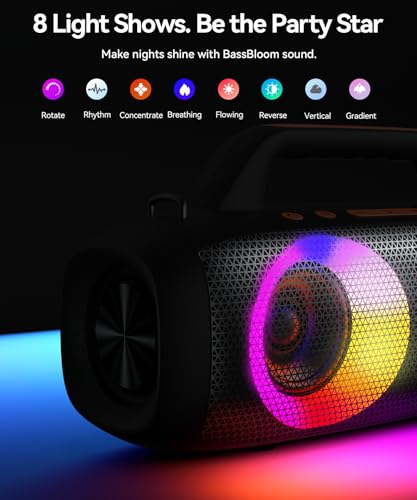 BassBloom Roar 1 Portable Bluetooth Speaker, 60W Powerful Sound JIKE Bass | IPX6 Waterproof, 24H Playtime, Bluetooth 5.4, TWS Pairing, RGB Party Lights, for Travel Outdoor Camping and Beach