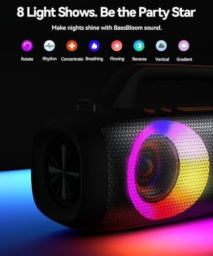 BassBloom Roar 1 Portable Bluetooth Speaker, 60W Powerful Sound JIKE Bass | IPX6 Waterproof, 24H Playtime, Bluetooth 5.4, TWS Pairing, RGB Party Lights, for Travel Outdoor Camping and Beach