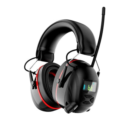 Bluetooth 6.0 AM/FM Hearing Protection, Radio Headphones with Digital Display, 30 SNR Noise Reduction Safety Earmuffs with Rechargeable 2000 mAh Large Battery, Ear Protector for Mowing Lawn Work - color: Red