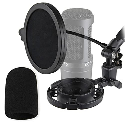 AT2020 Shock Mount with Pop Filter and Foam Windscreen, Noise Reduction Microphone Shock Mount Mic Holder for Audio Technica Mic