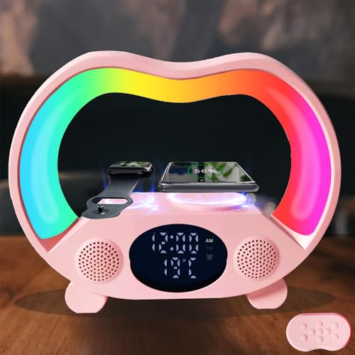 IHAO 6in1 Wireless Charging Station with Bluetooth Speaker Time&Temperature Display Alarm Clock 7-Color LED Night Lights Fast Charger for Phone, Apple Watch, Earbuds Remote Control Auto Shutoff-Pink - color: 6in1 Wireless Charger Alarm Clock ZS932 Pink