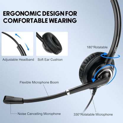 MKJ Call Center Headset with Microphone, Telephone Headset for Office Phone Corded RJ9, Wired Headphone for Landline Altigen Polycom Gigaset Avaya 1408 Aastra 6573i AudioCodes Toshiba Fanvil etc