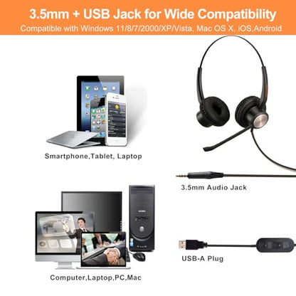 USB Headset with Noise Cancelling Microphone for PC, Laptop, Call Center/Office, Lightweight USB-A/3.5mm Audio Jack Headphones for Zoom, Teams, Webinar, Dragon, Remote Work, Online Meetings