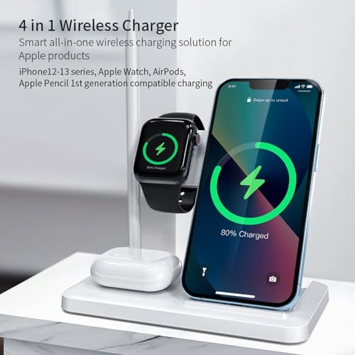 Wireless Charging Station Charger Stand - 4 in 1 Wireless Charger 15W Fast Charging Stand for iPhone 8-16 Series, for iWatch 2-10 Series/Ultra/SE, for AirPods4/3/2/Pro, for Apple Pencil 1st Generation