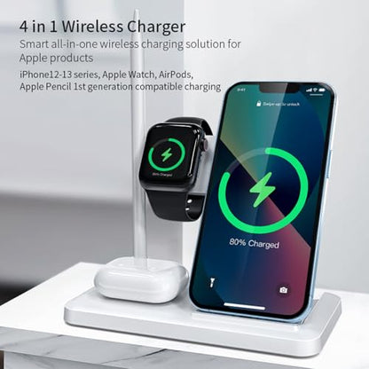 Wireless Charging Station Charger Stand - 4 in 1 Wireless Charger 15W Fast Charging Stand for iPhone 8-16 Series, for iWatch 2-10 Series/Ultra/SE, for AirPods4/3/2/Pro, for Apple Pencil 1st Generation