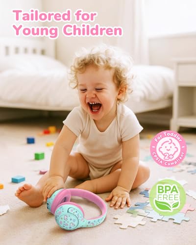 iClever BTH27 Toddler Headphones for 2+ Year Old Baby Kids Travel Study | SafeSound Tech3.0, 74H Playtime, Bluetooth 5.4, BPA Free, Aux, Soft Baby Headphones, Easy Operation, Adjustable, Green/Pink - color: Green/Pink