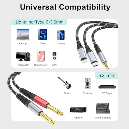Lightning to Dual 6.35mm 1/4" TS Mono Stereo Y-Cable Splitter,3 in 1 to Dual 1/4-inch Audio Cable, Compatible with smartphones, computers, phones/Pads Amplifiers,speakers,headphones,mixing 3.3FT - size: 3.3 ft, style: 3IN2 (Dual 6.35mm cable)