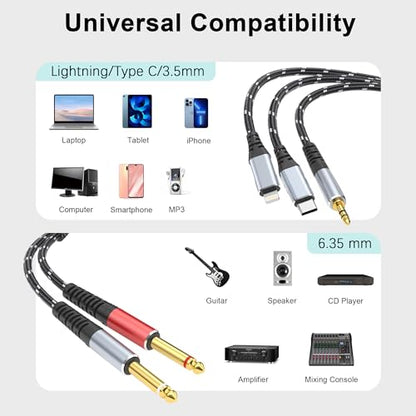 Lightning to Dual 6.35mm 1/4" TS Mono Stereo Y-Cable Splitter,3 in 1 to Dual 1/4-inch Audio Cable, Compatible with smartphones, computers, phones/Pads Amplifiers,speakers,headphones,mixing consoles - size: 10 ft, style: 3IN2 (Dual 6.35mm cable)