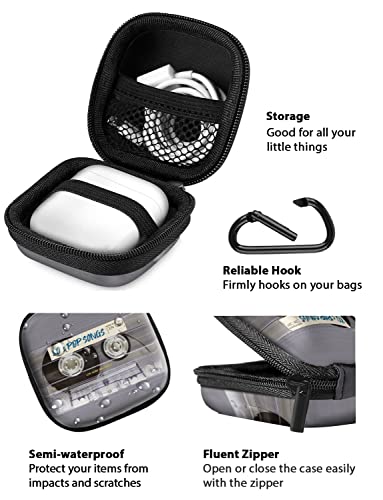 WIRESTER Portable Wireless Headphone Case, Earphone Storage Bag Carrying Case, Earbud Holder with Black Carabiner Compatible with Airpods - Retro Clear Cassette Tape Pop Songs - color: Retro Clear Cassette Tape Pop Songs