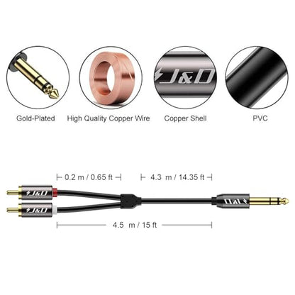 J&D 1/4 inch TRS to Dual RCA Audio Cable, Gold Plated Copper Shell Heavy Duty 6.35mm 1/4 inch Male TRS to 2 RCA Male Stereo Audio Y Splitter Cable, 15 Feet - size: 15ft