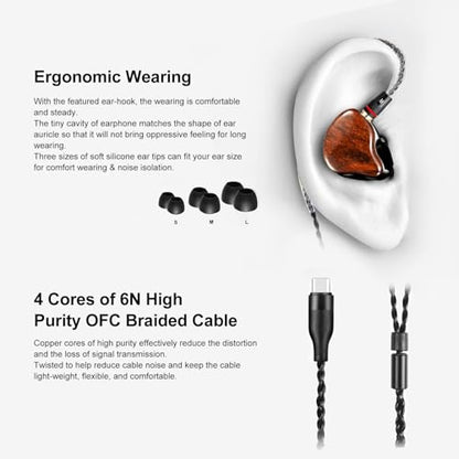 Dynamic Banlance in-Ear Earphone 2DD HiFi Headset in Ear Monitors Headphones Wired Earbuds IEM Earphones Gaming Earbuds（Wood Type-C Without mic）