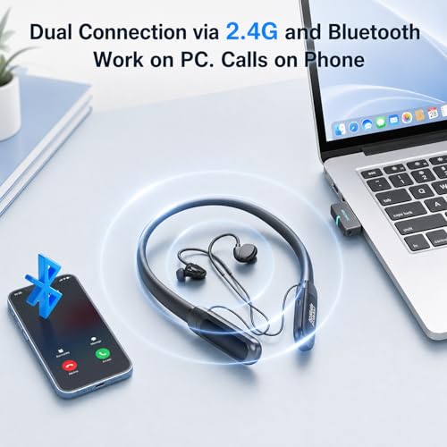 Rampage 2 Bluetooth Neckband Headphones with Mic for Work, Wireless Headset with 2.4G USB Dongle, Around-the-Neck Earbuds, 32H Battery, Low Latency, for Computer, Laptop, Meetings, Calls