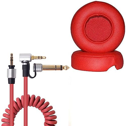 Saipomor Replacement Aux Extension Coiled Cable & Ear Cushions Cover Cups Compatible with Beats by Dr Dre Pro Detox Over-Ear Headphones(Red)