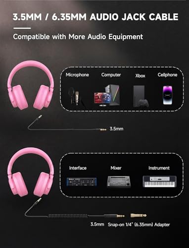 AOC Bluetooth Over Ear Headphones, Wireless Studio Monitor & Mixing DJ Headphones with 72H Playtime, Hi-Res, Built-in Mic, 3.5mm/6.35mm Wired Audio Jack for Guitar AMP, Podcast, PC Gaming - Pink - color: Pink