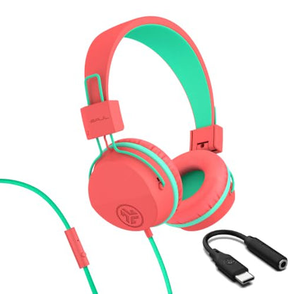 JLab, JBuddies Studio, Kids Wired on-Ear Headphones, Bundle with USB-C Adapter, Volume limiting, Foldable, Peach - color: Peach, size: Bundles