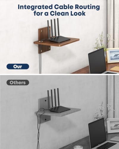 Floating TV Projector Shelf Wall Mount - 1 Tier Wooden Shelf, Walnut Brown | Home Decor, Cable Management, DVD Player, Router, Game Console, Cable Box, Play Station, Holds Up to 22lbs per Shelf - size: 1-Tier Shelf