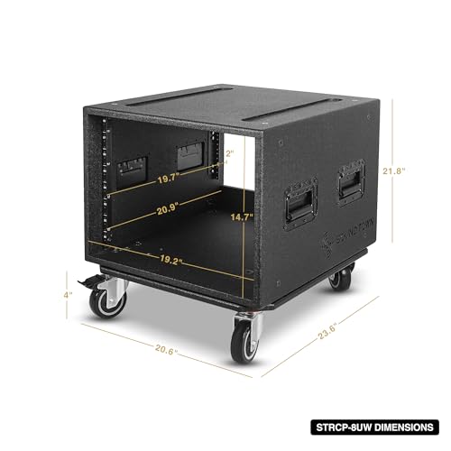 Sound Town 8U PA/DJ Rack/Road Case with 8-Space, Industry-Grade 0.7" (18mm) Plywood with Polyurea Coating, Rain Cover, Casters, 21.7" Rackable Depth - Pro Tour Grade (STRCP-8UW) - size: 8U with 21.7" Depth, Rain Cover, Casters