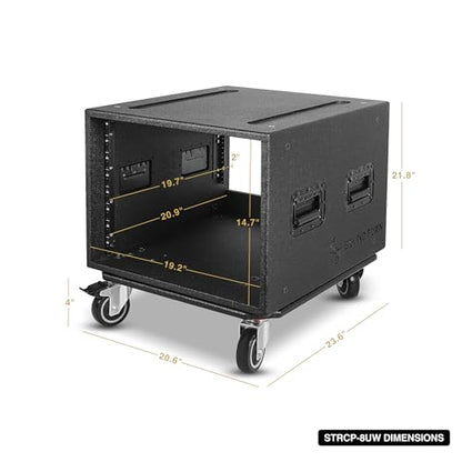 Sound Town 8U PA/DJ Rack/Road Case with 8-Space, Industry-Grade 0.7" (18mm) Plywood with Polyurea Coating, Rain Cover, Casters, 21.7" Rackable Depth - Pro Tour Grade (STRCP-8UW) - size: 8U with 21.7" Depth, Rain Cover, Casters