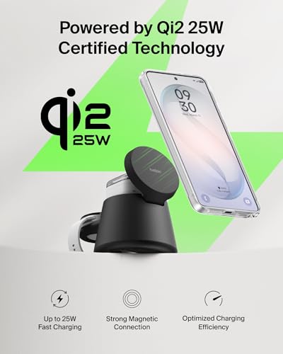 Belkin Qi2.2 25W Magnetic Wireless Charging Station, 3 in 1 Samsung Charger | Fast Charging, MagSafe Compatible, Samsung Galaxy S26, Android Charger, Pixel 10, iPhone 17/16/15, Apple Watch, AirPods - color: Black