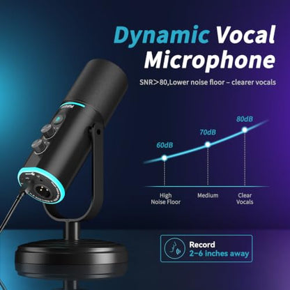PUPGSIS Podcast Dynamic Microphone, XLR/USB Recording PC Microphones for Broadcast, Podcast, Recording, Gaming & Streaming, Studio Mic with Mute, Headphone Jack, Monitoring Volume Control, Windscreen - size: With Desk Stand