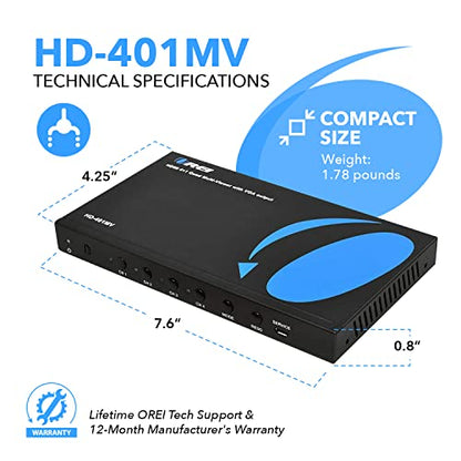 OREI 4x1 Out Quad Screen Multiviewer 1080p 3.5mm/Analog IR Remote HDMI 1.4 | HDMI Multiviewer, HDMI Switcher 4 in 1 Out – 5 Display Modes, VGA Output, LPCM 2.0 Audio, 4.95Gbps Bandwidth - style: 4x1 Multiviewer