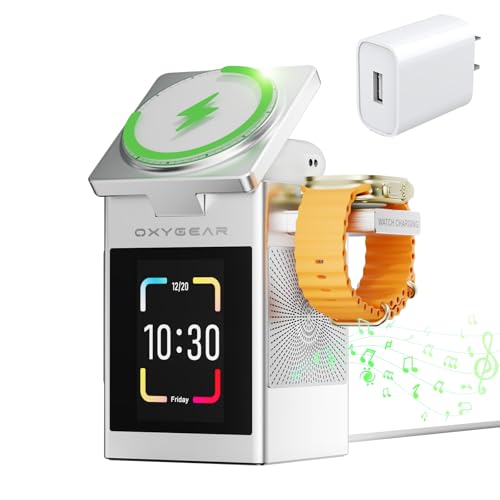 7-in-1 Magnetic Wireless Charging Station, Qi2 15W Fast Charging (Sliver) | Multifunctional Charger for Apple Multiple Devices, LCD Display with Bluetooth 5.3 Speaker, Alarm Clock (Adapter Included)