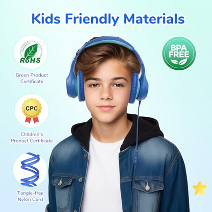 EarFun K3 Kids Headphones, Over Ear Headphones with Microphones, 85/94dB Safe Volume Limit, HD Stereo Sound, 3.5mm Jack, Foldable Wired Headphones for School/Travel/Boys/Girls/Tablet/iPad, Blue | Built-in Mic, 85/94dB Volume Limit, HD Stereo Sound, 3.5mm